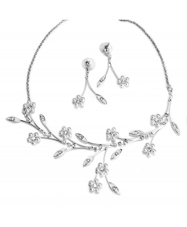 Pearl (Imitation) Cream Petite Floral Design Bridal Wedding Necklace Earring Set - CA116GDOIXH