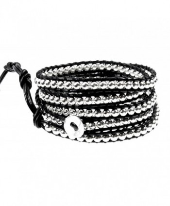 39" Rhiannon Black Leather Silvertone Bead Wrap Bracelet- Adjustable 5x Wrap in Gift Box - CX117GHAAMX