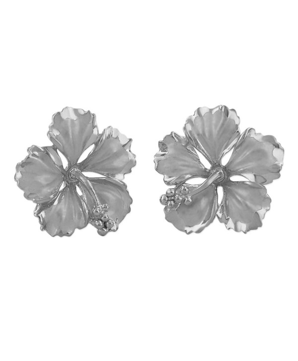 Rhodium Plated Sterling Silver 5/8 Inch Hibiscus Stud Earrings - CX115LCQ9NL
