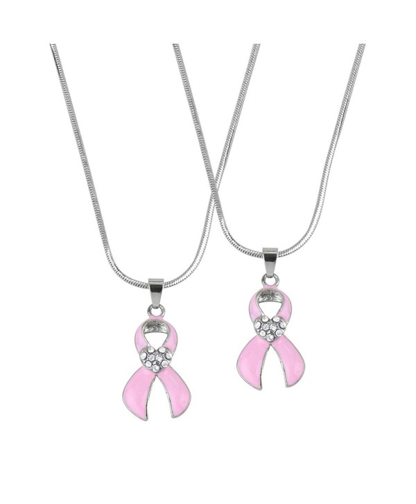 Lux Accessories Matching Pave Heart Bow Breast Cancer Awareness Necklace Set (2 PC). - C111ZU3NDDZ