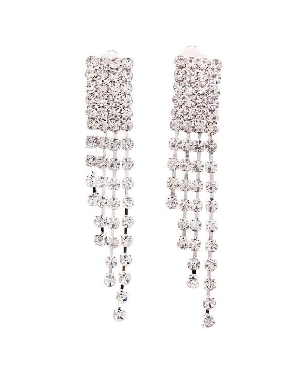 Bridal Earrings Rhinestone Rectagle Tassel Chains Clip Earrings No Pierced Charm Jewelry - CE12O8S8A10
