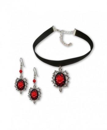 Gothic Red Rose Cameo Black Velvet Choker and Dangle Earrings Jewelry Set - CS12O2HXUXG