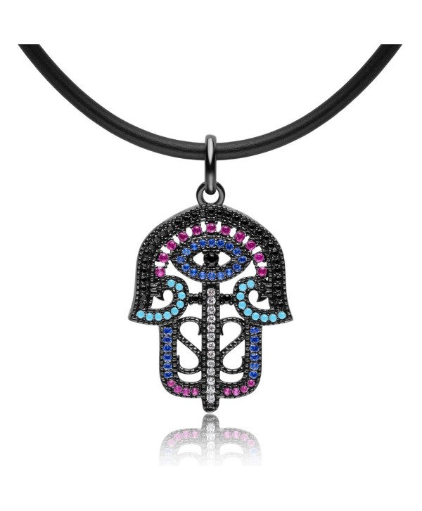 Karseer Coloured Crystals Filigree Hamsa Hand Charm Pendant Necklace Jewelry Gift for Women or Girls - Cool Black - C51889S0OO7