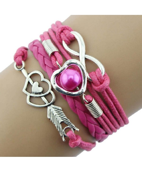 Susenstone1PC Friendship Antique Leather Charm Bracelet-Infinity Love Heart Pearl (Hot Pink) - CG125L00CNP