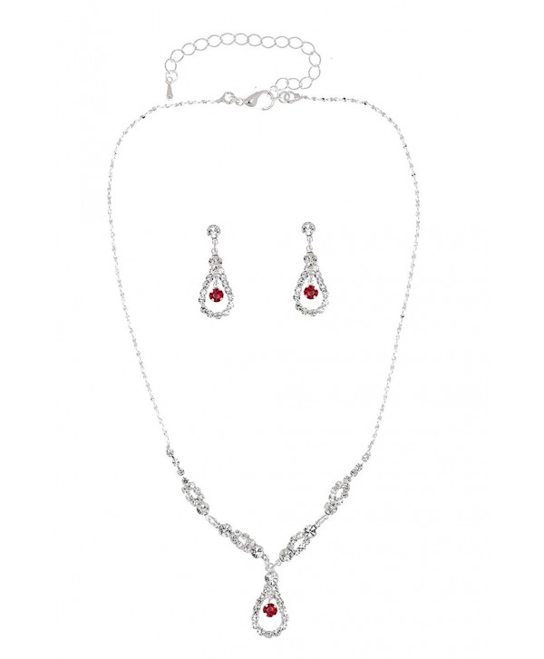 Elegant Teardrop Shape Crystal Necklace Earrings Set - Silver Plated Red Rhinestones - CS11FKZBI3Z