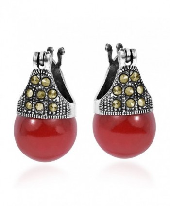 Vintage Marcasite Style Pyrite & Reconstructed Red Coral 12 mm .925 Sterling Silver Earrings - CK11R6AO7A1