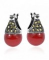 Vintage Marcasite Style Pyrite & Reconstructed Red Coral 12 mm .925 Sterling Silver Earrings - CK11R6AO7A1