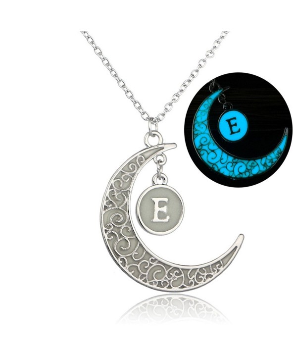 Linsh Initial Necklace Glow in Dark Hollow Out Carved Moon E Letter Pendant Necklace Color: Silver - CJ12MG8XOK3