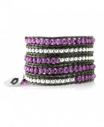 Purple Violet and Silvertone Beaded Brown Leather Bohemian 5x Wrap Bracelet in Gift Box - CE1199KJI4D