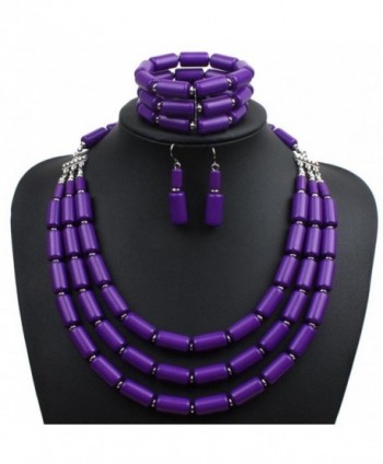 Lanue Fashion Handmade Bead Multilayer Statement Necklace Bracelet Earrings Jewelry Set - Purple - C6182Q2ZWWW
