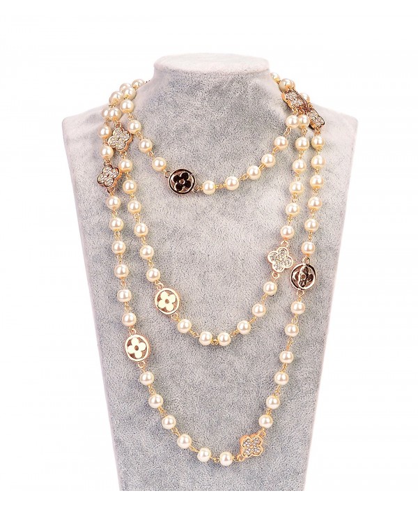 MISASHA Fashion Jewelry bridal and chic Long imitation pearl clover strand necklace - Gold Clover - CU12LUOB5YV