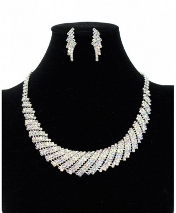 Aurora Borealis Rhinestone Stud Round Collar Evening Necklace and Stud Earrings Set in Silver-Tone - CZ128PEJDJ3