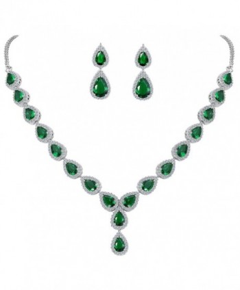 BriLove Women's Wedding Bridal Teardrop CZ Infinity Figure 8 Y-Necklace Dangle Earrings Set - Emerald Color - CM1899INQ05