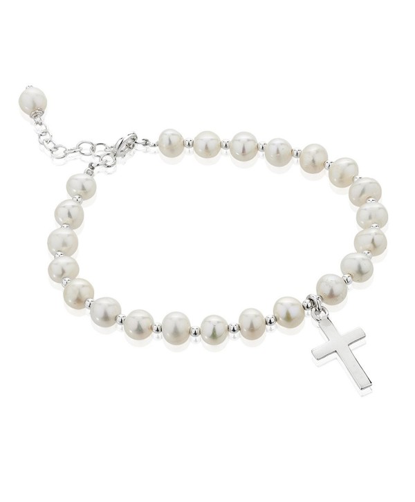 925 Sterling Silver and Dyed Cultured Freshwater Pearl Christian Cross Charm Strand Bracelet - White - C711PZ10G0Z
