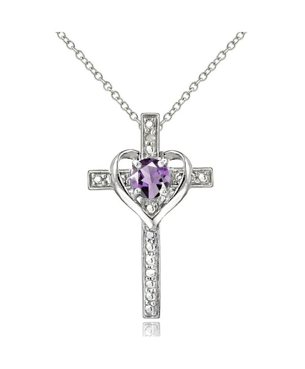 Sterling Silver Gem Cross Heart Pendant Necklace for Girls- Teens or Women - Amethyst - Silver - CT12EL1W7AP