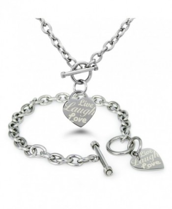 Stainless Steel Live Laugh Love Engraved Heart Charm Bracelet and Necklace - C212F8YM2W3