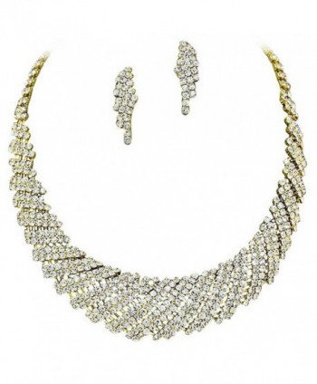 Gold Retro Vintage Sparkly Rhinestone Bridal Party Necklace Earring Set Bling - CQ11G4JKD87