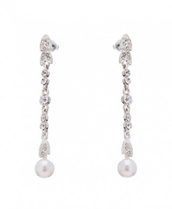 Bridal Wedding Jewelry Crystal Rhinestone Pearl Linear Drop Earring Silver White - CE118ZOF3YX