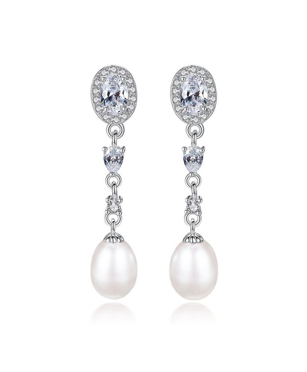 925 Sterling Silver Crystal 8-9mm Freshwater Pearl Teardrop Bridal dangle Earrings Betrothal Jewels - white - C718628HRT3