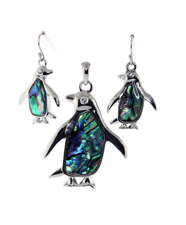 Silver-Tone Penguin with Abalone Sea Shell and Clear Crystal Pendant Necklace Earrings Set - CV110UFIO7N