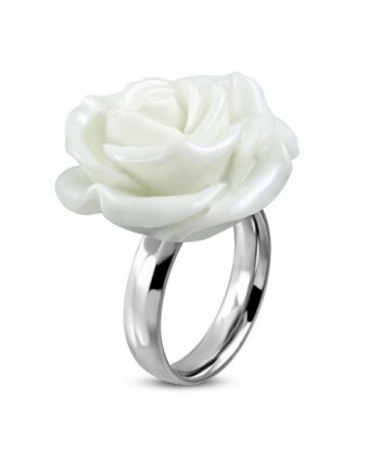 Stainless Steel White Resin Single Bloom Rose Flower Comfort Fit Cocktail Ring - C8187I3D8TQ