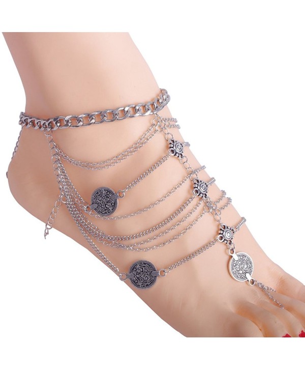 Jane Stone Vintage Style Antique Silver Anklet Color Coin Tassels Beach Ankle Chain - Silver3 - CI12GGBPPZD
