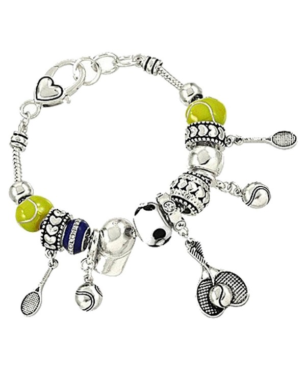 Silvertone Beautiful Sports Tennis Racket Themed Bead Clasp Closure Charm Bracelet (with Gift Box) - C612DR2GLVL