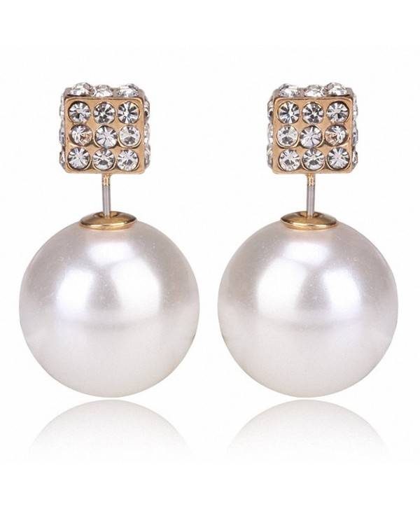 Fashion Womens Lady Earring Double Side Pearl Square Crystal Ear Studs Earrings - CM124LDA04D
