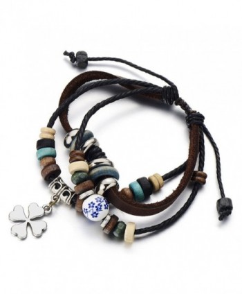 Four-leaf Clover Dark Brown Leather Bracelet Wristband Wrap Bracelet for Women Girls - C112D2IHL1T