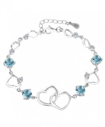 EleQueen 925 Sterling Silver Round CZ Double Love Heart Link Bracelet- 6.5"+1.4" Extender - Aquamarine Color - C2129RIVWL3