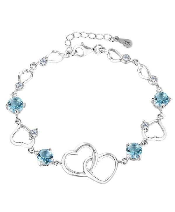 EleQueen 925 Sterling Silver Round CZ Double Love Heart Link Bracelet- 6.5"+1.4" Extender - Aquamarine Color - C2129RIVWL3