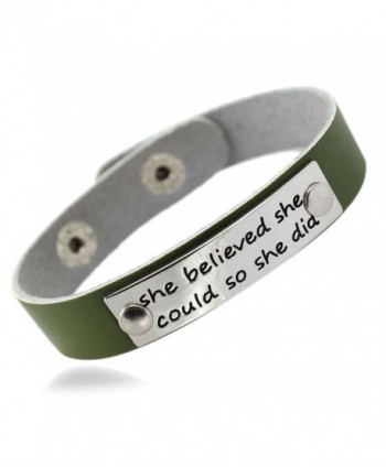 MIKINI Womens She Believed She Could So She Did Inspirational Bangle Genuine Leather Bracelet - Green - C2182AAN7R2