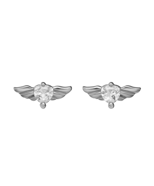 Stainless Steel Angel Wings Stud Earrings w/Heart Shaped Crystal Stone - CQ11FN4O39J