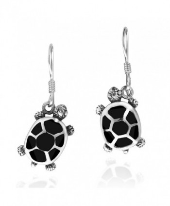 Upstream Journey Turtles Black Reconstructed Black Onyx Inlay .925 Sterling Silver Dangle Earrings - C5128I2B8KT