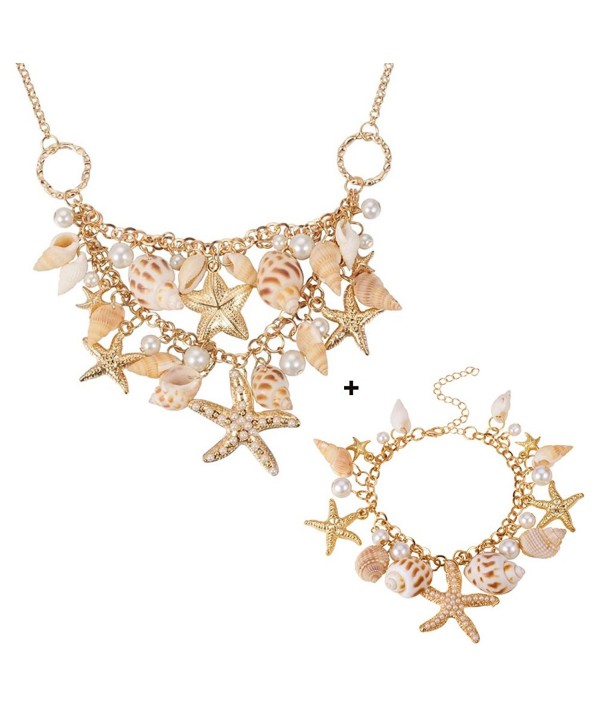 Pandahall Fashion Sea Shell Starfish Faux Pearl Charm Bracelets New Golden - bracelet & necklace + Gift Box - CW1832SXCO0