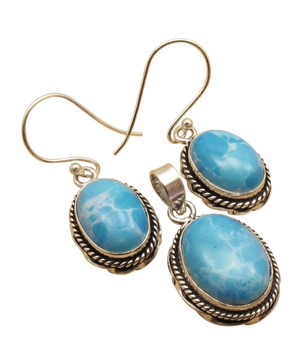 Oval Stone Handcrafted MATCHING Earrings & Pendant SET ! 925 Sterling Silver Plated Deco Jewelry - Larimar - CE1864L7KMX