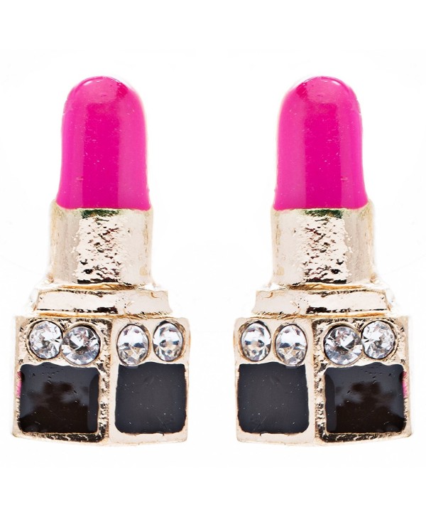 Fun Cute Mini 14mm Lipstick Crystal Rhinestone Enamel Stud Earrings Gold Pink - CX119A7T2FT
