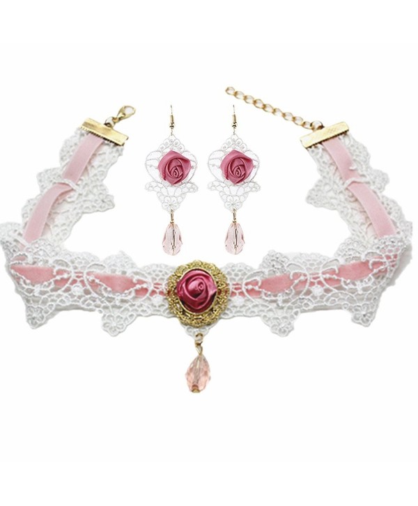 Meiysh White Flower Lace Gothic Lolita Beads Pendant Choker Necklace Earrings Set - C012NSXYFL4