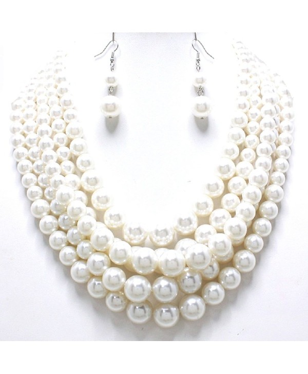 Statement Layered Strands Cream Simulated Pearl Silver Chain Necklace Earrings Set Bridesmaid Gift - CB12CWRWG8T