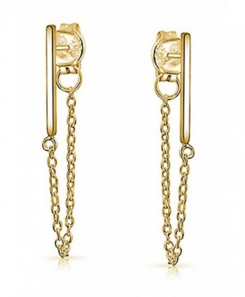 Modern Bar Earrings with Dangle Chain 925 Sterling Silver Studs in 14K Gold or Rhodium Flashed Finish - Gold - C412LX5G7C7