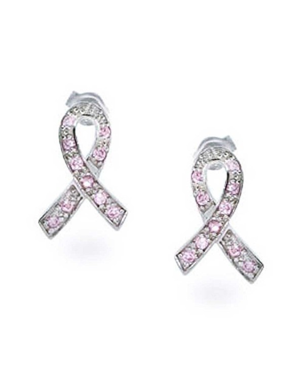Bling Jewelry CZ Breast Cancer Pink Ribbon Stud earrings 925 Sterling Silver 15mm - CU11553R601