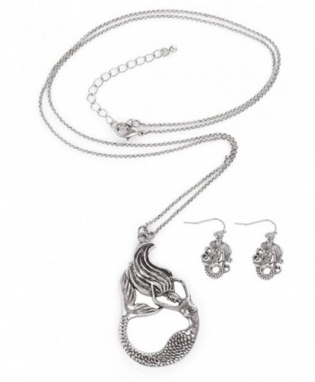 Women's Sea Life Aquatic Mythological Stretching Mermaid Necklace and Dangle Earrings Set - Silver-Tone - C9182MI8O9D
