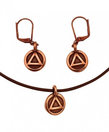 AA Alcoholics Anonymous Sobriety Recovery Triangle Charm Necklace & Earring Set- Copper & Brown Leather - CI183KOLHN7