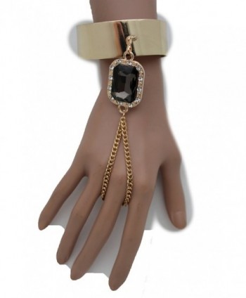 TFJ Women Fashion Jewelry Hand Chain Metal Bracelet Slave Ring Black Bead Charm Gold - CK128RK66W7
