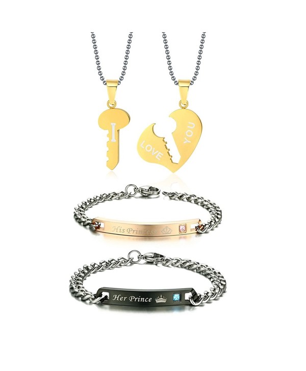 Vnox His & Hers Matching Set Stainless Steel "I LOVE YOU" Valentine Couple Pendant Necklace - Gold Plated Set - CC187AL59S8