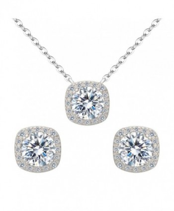 FANZE Women's Prong Cubic Zirconia Cushion Cut Halo Wedding Pendant Necklace Stud Earrings Jewelry Set - CZ182ON8ET5