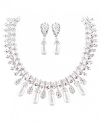 ACCESSORIESFOREVER Women Bridal Wedding Prom Fashion Jewelry Set Crystal Pearl Vintage Teardrop Clip-On - CI11FPBGF91