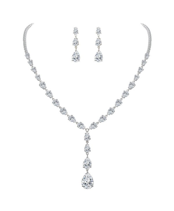 FANZE Women's Full Prong Cubic Zirconia Teardrop Bridal Dangle Earrings Y-Necklace Set - CZ17YX535HO