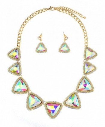 Rounded Triangular Gemstone Pendant Dangling Pierced Earrings and Necklace Set - Aurora Boraelis - CO12BJQO3KN