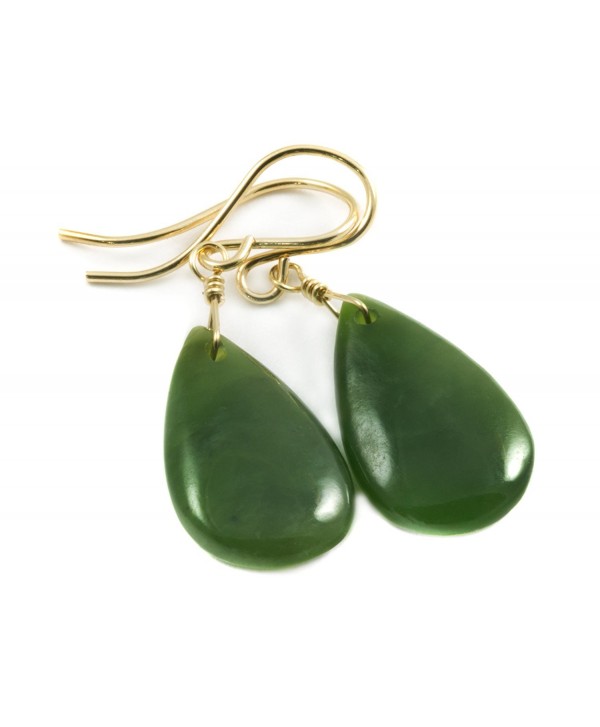 14k Gold Filled Nephrite Jade Dark Green Earrings Teardrop Smooth Dangle Drops - CJ11D1H69TH